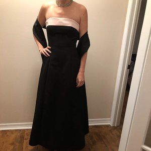 Strapless black formal dress with pink band & sash